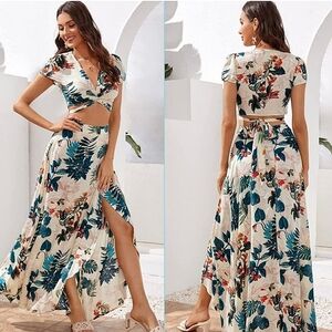 Heart & Heels Cream and Green Tie Front Maxi Dress